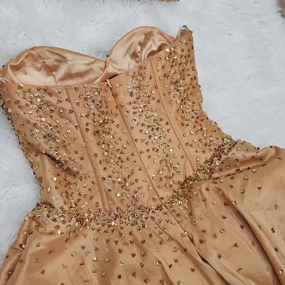 Bundle-Gold Strapless Party Dress with Scarf & Heels - Picture 9 of 14
